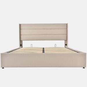 Cama de arrumação em linho 140x200 cm com estrado de ripas - Bege