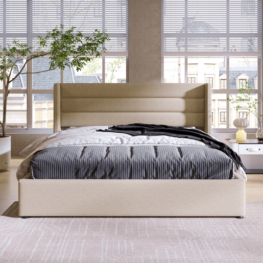 Cama de arrumação em linho 140x200 cm com estrado de ripas - Bege