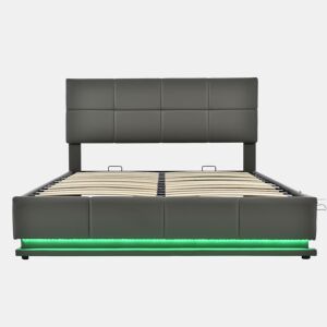 Cama de contentor 160x200cm em imitação de pele com LED + estrado + cabeceira regulável - Cinzento