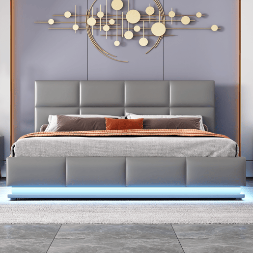 Cama de contentor 160x200cm em imitação de pele com LED + estrado + cabeceira regulável - Cinzento