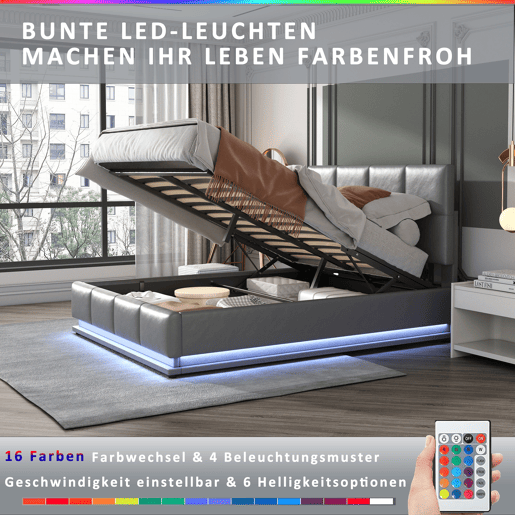 Cama de contentor 160x200cm em imitação de pele com LED + estrado + cabeceira regulável - Cinzento