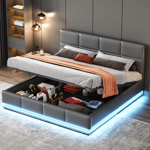 Cama de contentor 160x200cm em imitação de pele com LED + estrado + cabeceira regulável - Cinzento