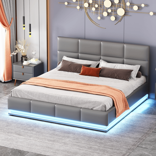 Cama de contentor 160x200cm em imitação de pele com LED + estrado + cabeceira regulável - Cinzento