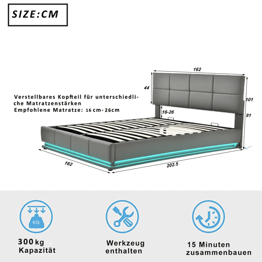 Cama de contentor 160x200cm em imitação de pele com LED + estrado + cabeceira regulável - Cinzento