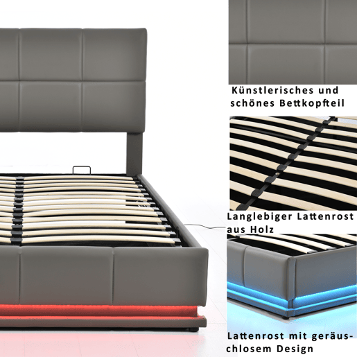 Cama de contentor 160x200cm em imitação de pele com LED + estrado + cabeceira regulável - Cinzento