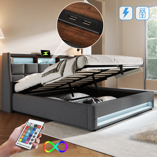 Cama para arrumação de roupa de cama 160x200cm com LED e portas USB - estrado - cinzento