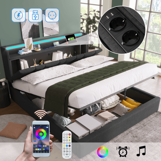 Cama contentor 160x200cm - com LED e portas de carga - tecido de linho - Cinzento