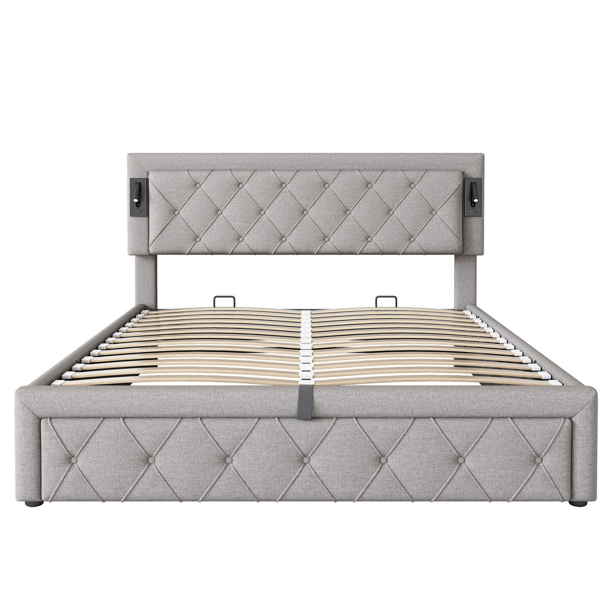 Cama contenedor de tela de lino 160x200 cm - con luz de lectura y toma usb - con somier - gris