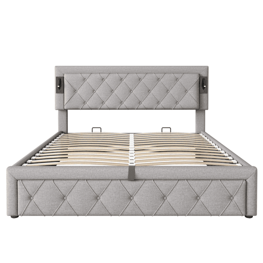 Cama contentora em tecido de linho 160x200 cm - com luz de leitura e tomada USB - com estrado - Cinzento