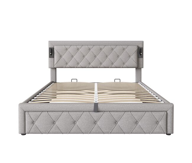 Cama contenedor de tela de lino 160x200 cm - con luz de lectura y toma usb - con somier - gris
