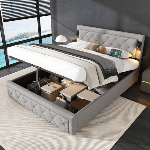 Cama contentora em tecido de linho 160x200 cm - com luz de leitura e tomada USB - com estrado - Cinzento