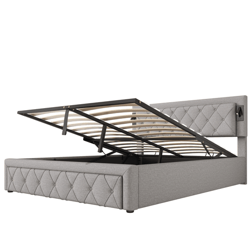 Cama contentora em tecido de linho 160x200 cm - com luz de leitura e tomada USB - com estrado - Cinzento