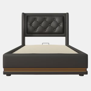 Sofá-cama estofado de 90 x 200 cm em imitação de pele - com função de carregamento e LED ao pé da cama - Preto