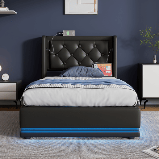 Sofá-cama estofado de 90 x 200 cm em imitação de pele - com função de carregamento e LED ao pé da cama - Preto