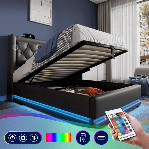 Sofá-cama estofado de 90 x 200 cm em imitação de pele - com função de carregamento e LED ao pé da cama - Preto