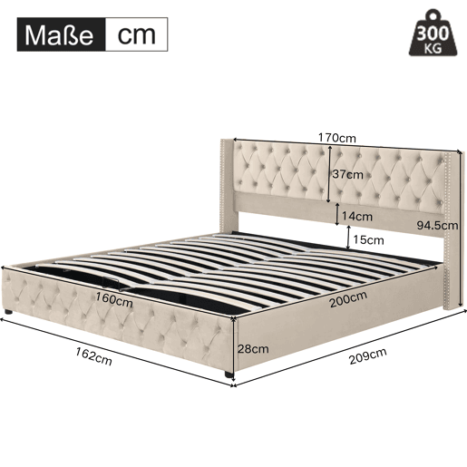 Cama de arrumação em veludo com estrado de ripas 160x200 cm - Bege