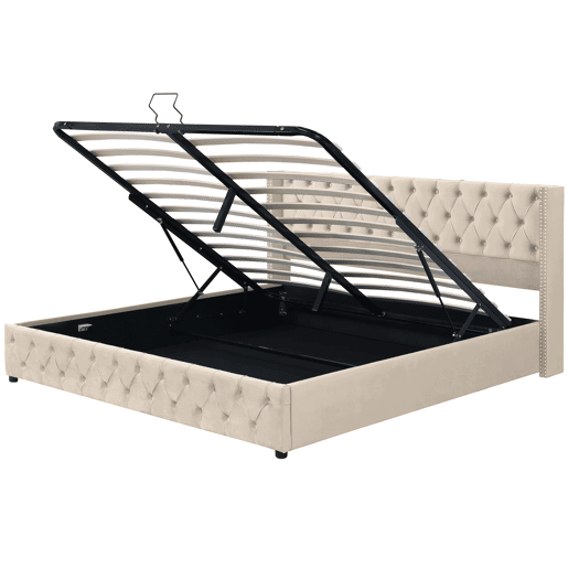 Cama de arrumação em veludo com estrado de ripas 160x200 cm - Bege