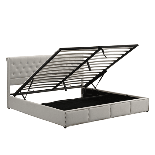 Cama contentora estofada em linho - decorada com rebites - com estrado de ripas - 140x190cm - Cinzento claro