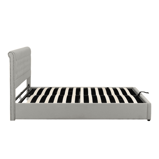 Cama contentora estofada em linho - decorada com rebites - com estrado de ripas - 140x190cm - Cinzento claro
