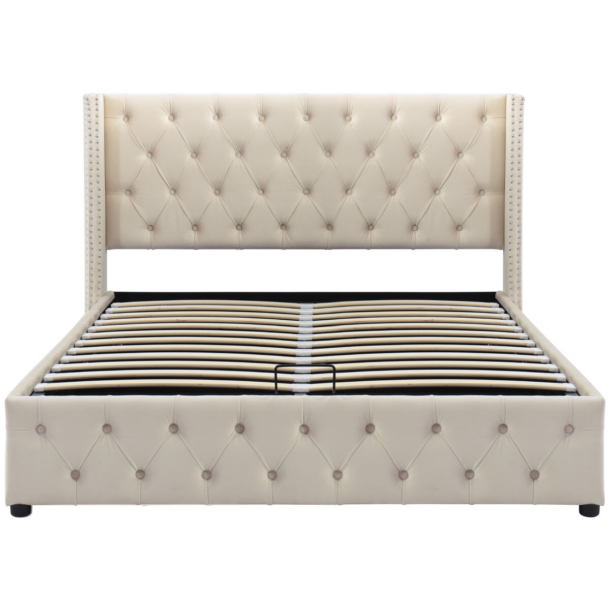 cama contenedor de terciopelo con somier de laminas 140x200 cm - beige
