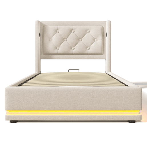 Cama contentora estofada de 90 x 200 cm em tecido de algodão - com função de carga e LED ao pé da cama - Bege