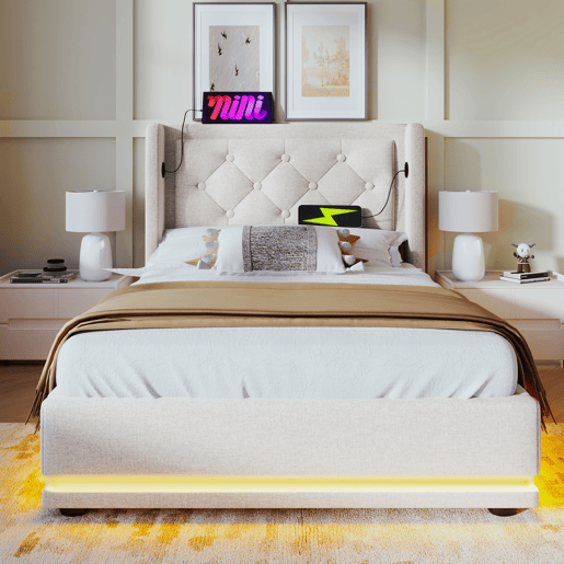 Cama contentora estofada de 90 x 200 cm em tecido de algodão - com função de carga e LED ao pé da cama - Bege