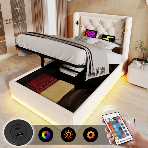 Cama contentora estofada de 90 x 200 cm em tecido de algodão - com função de carga e LED ao pé da cama - Bege