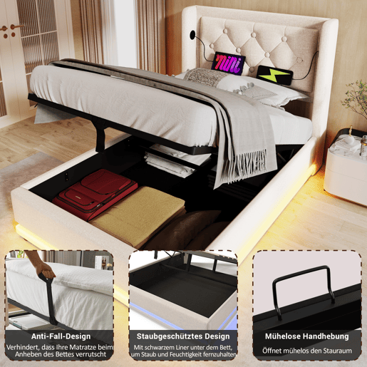 Cama contentora estofada de 90 x 200 cm em tecido de algodão - com função de carga e LED ao pé da cama - Bege