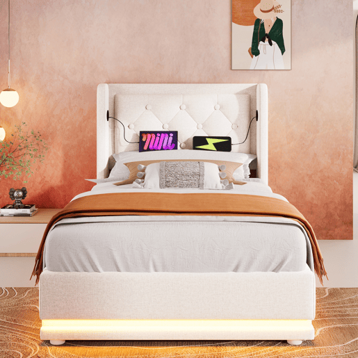 Cama contentora estofada de 90 x 200 cm em tecido de algodão - com função de carga e LED ao pé da cama - Bege