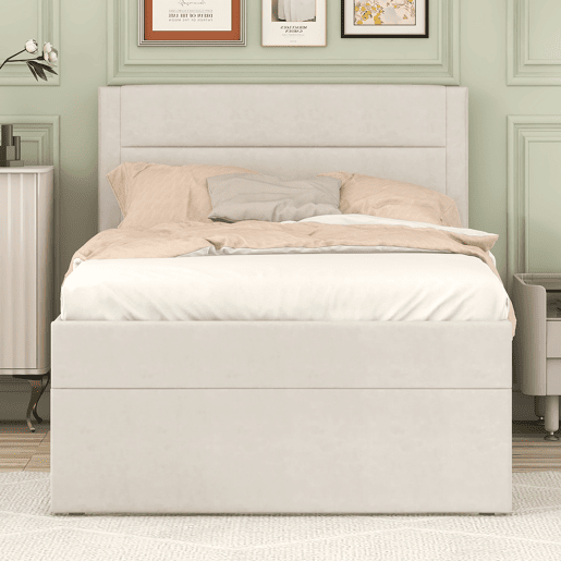 Cama articulada com estrado de ripas - 90x200 cm - tecido de linho - Bege