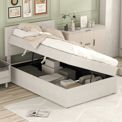 Cama articulada com estrado de ripas - 90x200 cm - tecido de linho - Bege