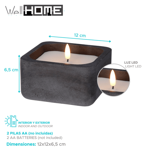 WELL HOME - Vela LED quadrada na cor preta 12x12x6,5cm