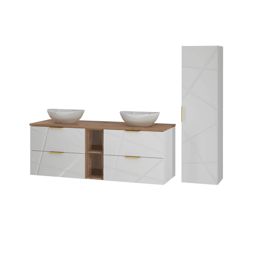 Conjunto móvel lavatório duplo 140cm 2 nichos coluna Aurora Branco e Madeira
