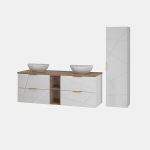 Conjunto móvel lavatório duplo 140cm 2 nichos coluna Aurora Branco e Madeira