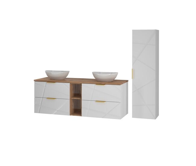 Conjunto de muebles con lavabo individual 140cm 2 compartimientos y columna aurora blanco y madera