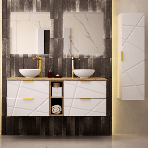 Conjunto móvel lavatório duplo 140cm 2 nichos coluna Aurora Branco e Madeira