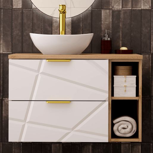 Móvel lavatório simples 80cm 2 nichos Aurora Branco e Madeira