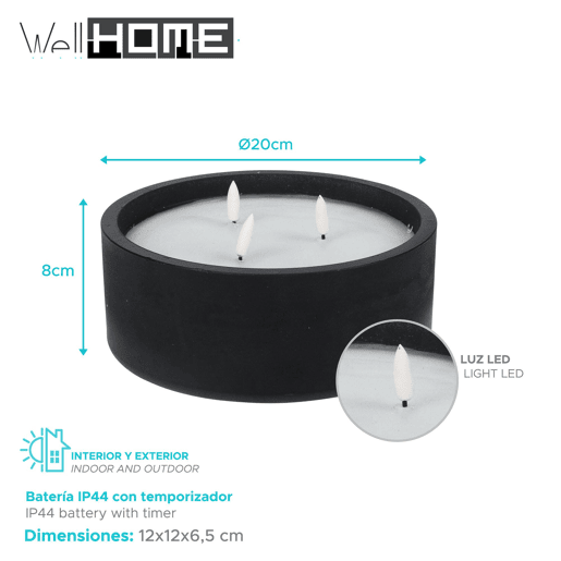 WELL HOME - Vela LED redonda preta Ø20x8cm