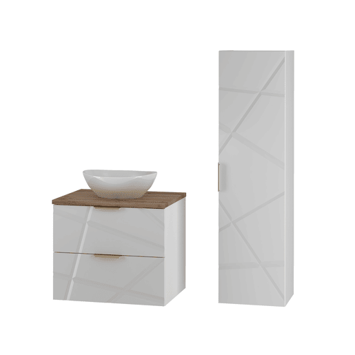 Conjunto móvel lavatório simples 60cm coluna Aurora Branco e Madeira