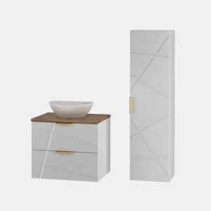 Conjunto móvel lavatório simples 60cm coluna Aurora Branco e Madeira