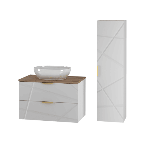 Conjunto móvel lavatório simples 80cm coluna Aurora Branco e Madeira Conjunto móvel lavatório simples 80cm coluna Aurora Branco e Madeira