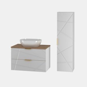 Conjunto móvel lavatório simples 80cm coluna Aurora Branco e Madeira