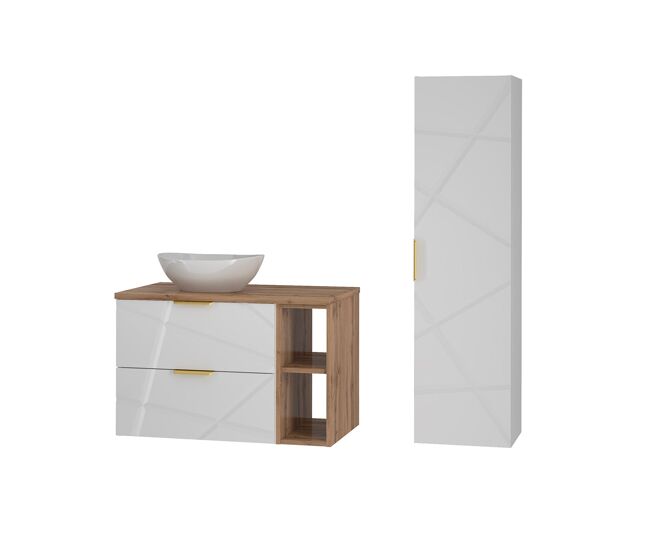 Conjunto de muebles con lavabo individual 80cm 2 compartimientos y columna aurora blanco y madera