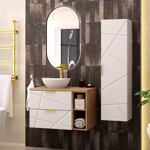 Conjunto móvel lavatório simples 80cm 2 nichos coluna Aurora Branco e Madeira