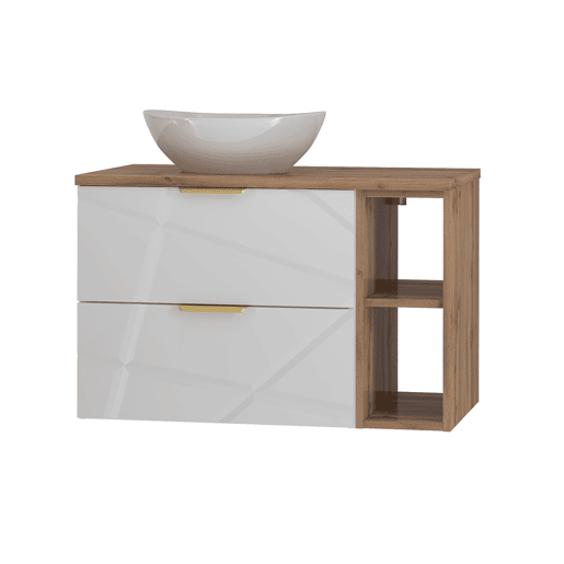 Conjunto móvel lavatório simples 80cm 2 nichos coluna Aurora Branco e Madeira