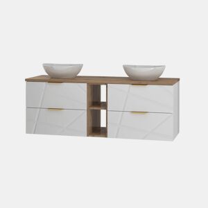 Móvel lavatório duplo 140cm 2 nichos Aurora Branco e Madeira