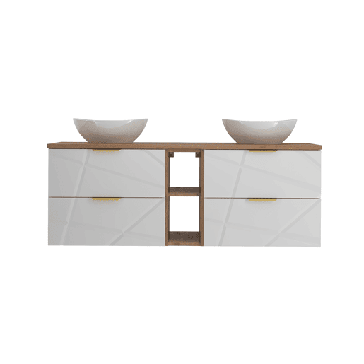 Móvel lavatório duplo 140cm 2 nichos Aurora Branco e Madeira