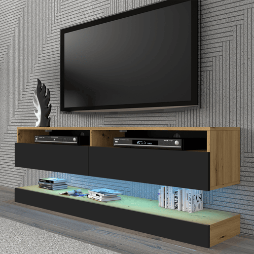 Parede TV Vega Madeira e Preto com 2 portas 160 cm