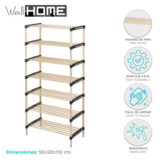 WELL HOME - Sapateira com 7 prateleiras em madeira e metal Alt.110cm