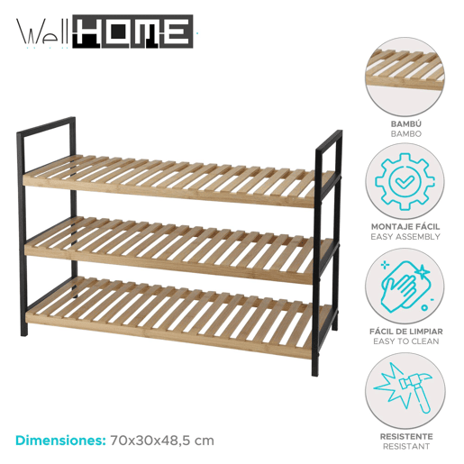 WELL HOME - Sapateira em bambu com 3 prateleiras em metal e bambu 70x30x48,5cm